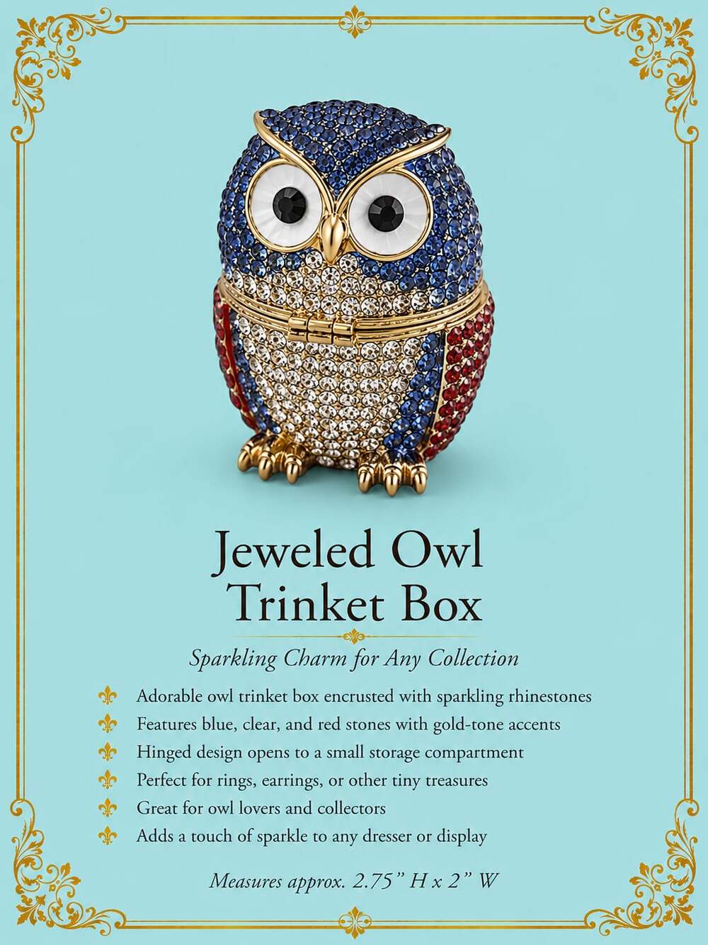 Jeweled Owl Hinged Trinket Box with Rhinestones